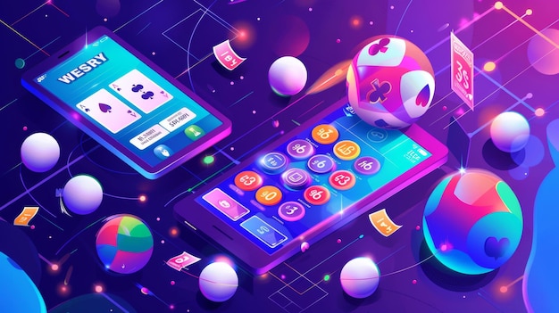 Photo ticket and money banner gambling win in bingo games concept modern landing page of games of luck lottery machine balls with numbers tickets and money