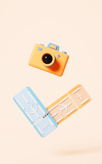 Tickets and camera in the yellow background 3d rendering