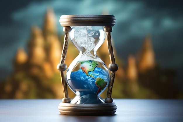 Тикающий кризис Песочные часы демонстрируют Землю, символизирующую срочность в концепции глобального потепления