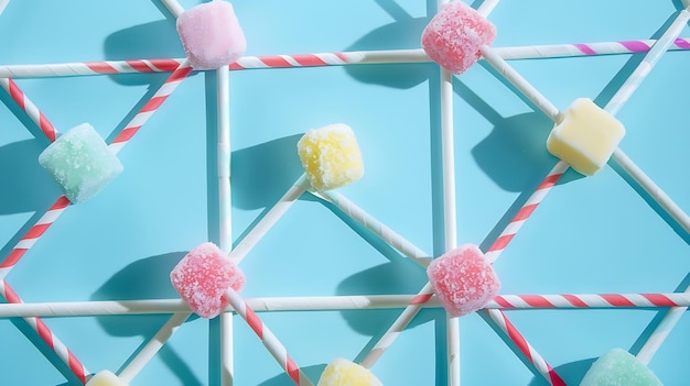 Photo tictactoe made of turkish delight sweets and straws flat lay sweet food concept generative ai