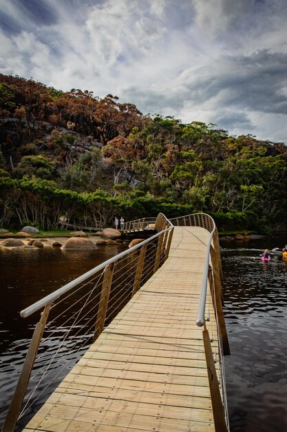 Photo tidal river wooden bridge at wilson promontory with autumn maple tree and cloudy sky view people ar