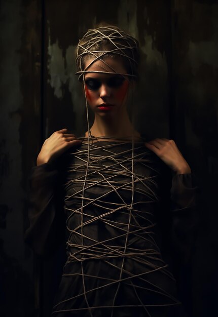 Premium AI Image | Tided eyes by ropes Blindfolded fashion model dark ...