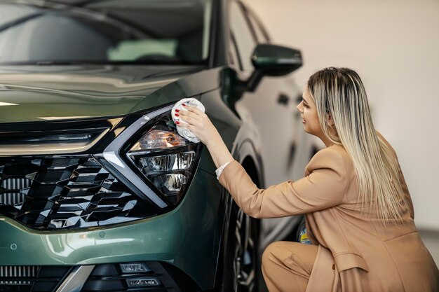 Tidy car seller is crouching next to a car and cleaning it with cloth at the showroom