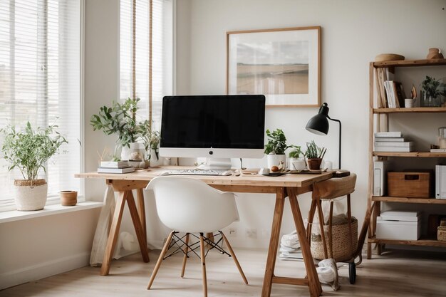 Tidy home office with wooden table and white computer on it Bright room with white walls