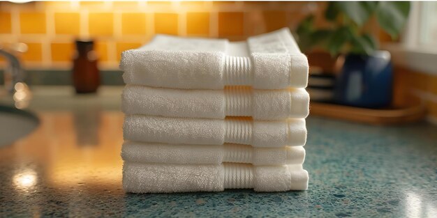 Photo tidy stack of pristine towels placed neatly on bathroom counter concept bath organized laundry home decor towels