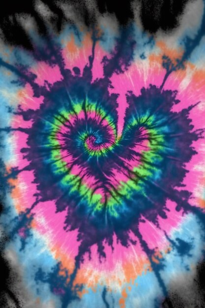 Tie dye heart on black background with multicolored swirl generative ai