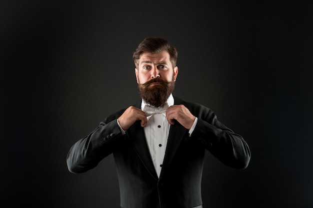 Tie your look together with style. Bearded man wear elegant formal style. Brutal hipster with stylish beard and hair style. Mens fashion. Prom and wedding wardrobe. Timeless style.