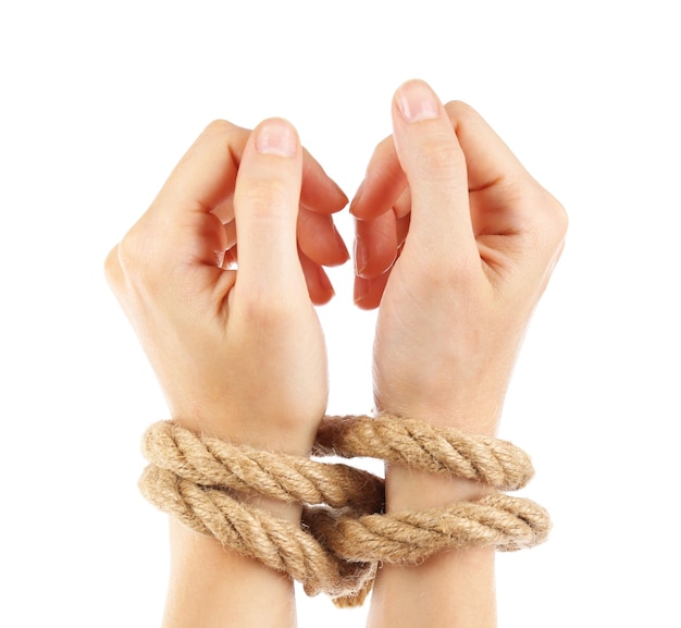 Photo tied hands isolated white