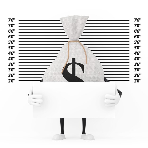 Foto legato tela rustica tela sacco di soldi o borsa di denaro e segno di dollaro mascotte di caratteri con targa di identificazione in bianco davanti alla formazione della polizia o primo piano estremo di sfondo foto segnaletica. rendering 3d