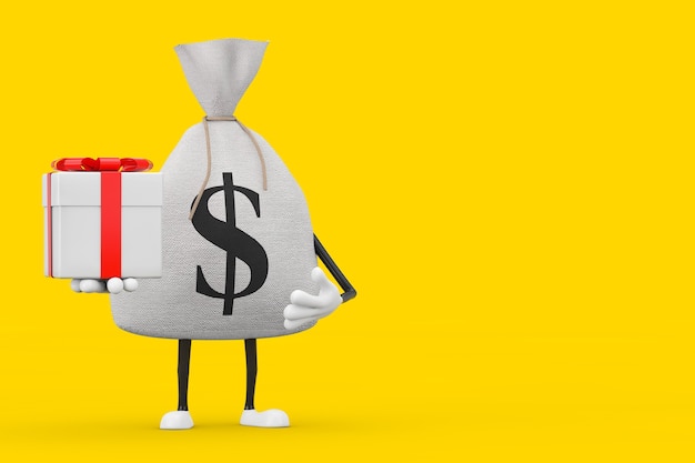 Tied Rustic Canvas Linen Money Sack or Money Bag and Dollar Sign Character Mascot with Gift Box and Red Ribbon on a yellow background. 3d Rendering