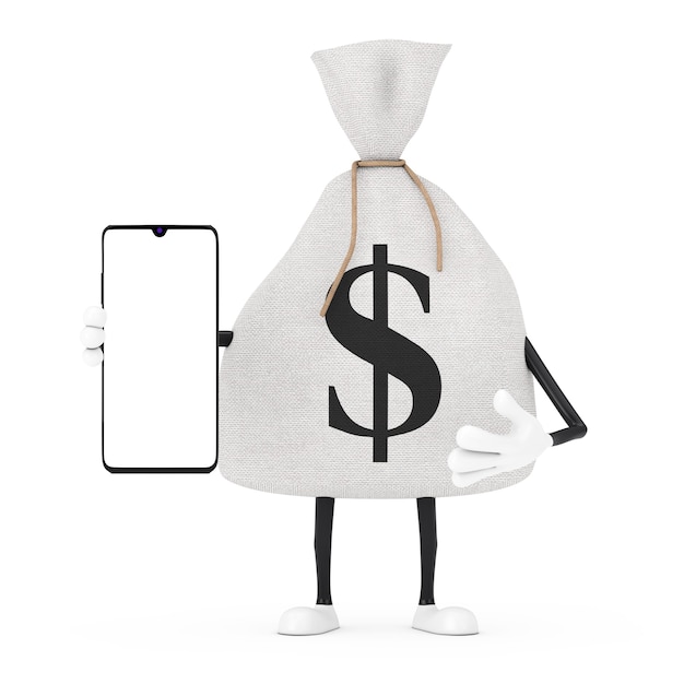 Tied Rustic Canvas Linen Money Sack or Money Bag and Dollar Sign Character Mascot with Modern Mobile Phone with Blank Screen for Your Design on a white background. 3d Rendering