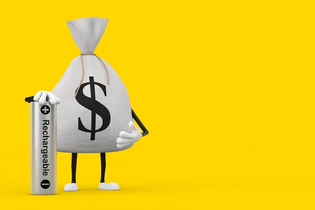 Tied Rustic Canvas Linen Money Sack or Money Bag and Dollar Sign Character Mascot with Rechargeable Battery on a yellow background. 3d Rendering