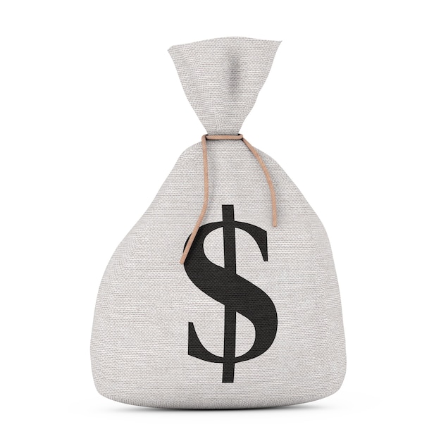 Tied Rustic Canvas Linen Money Sack or Money Bag with Dollar Sign on a white background. 3d Rendering