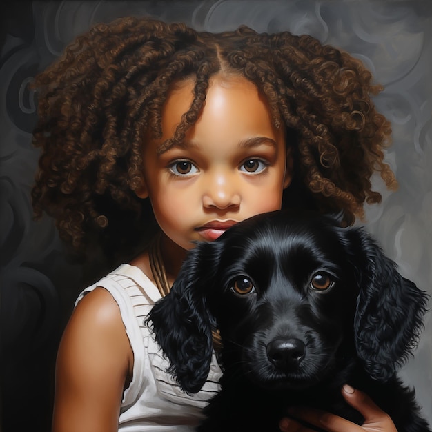 Tien jaar oud Afro-Amerikaans meisje met een zwarte puppy schilderij gestileerd