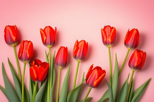 Foto tien rode tulpen op een roze achtergrond, geïsoleerd, creëren een heerlijke scène.