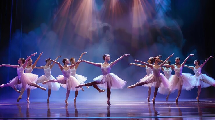 Foto tien sierlijke ballerinas in witte tutus voeren een gesynchroniseerde dansroutine uit op een groot podium