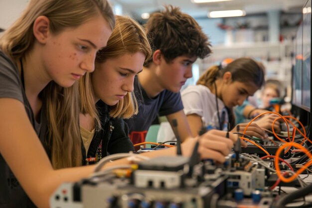 Foto tiener bezig met een robotica-workshop