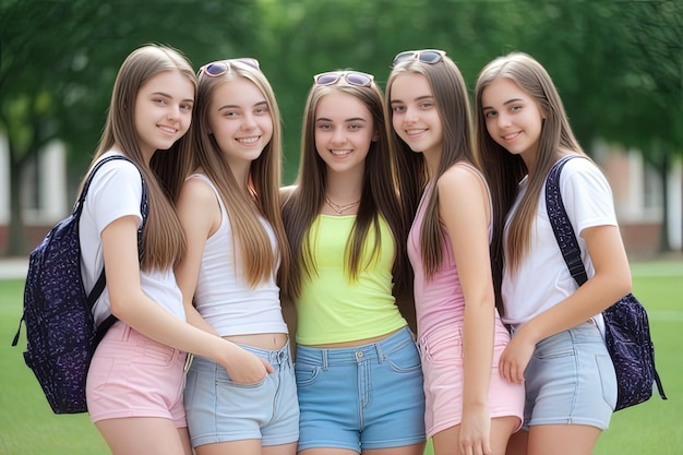 Foto tiener college meisjes groep lachende tiener meisjes groep