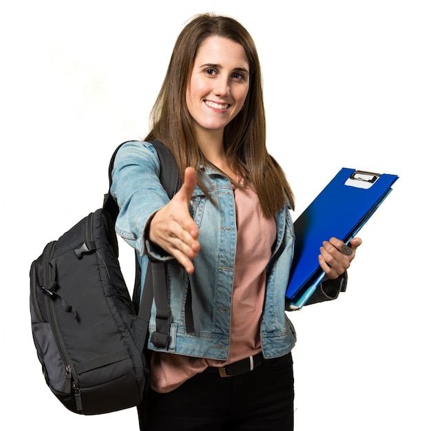 Tiener student meisje houdt van boeken en het maken van een deal