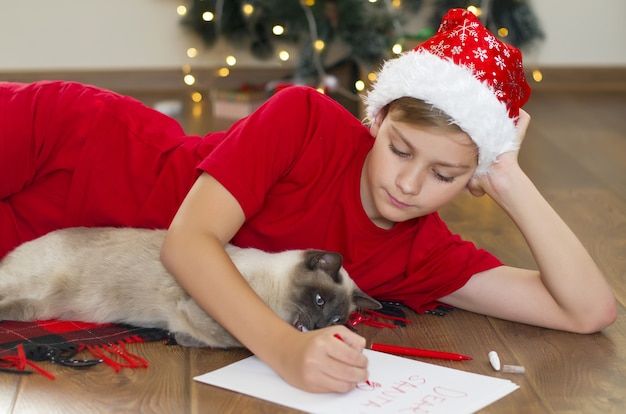 Tienerjongen met een kat die kerstbrief schrijft aan de kerstman