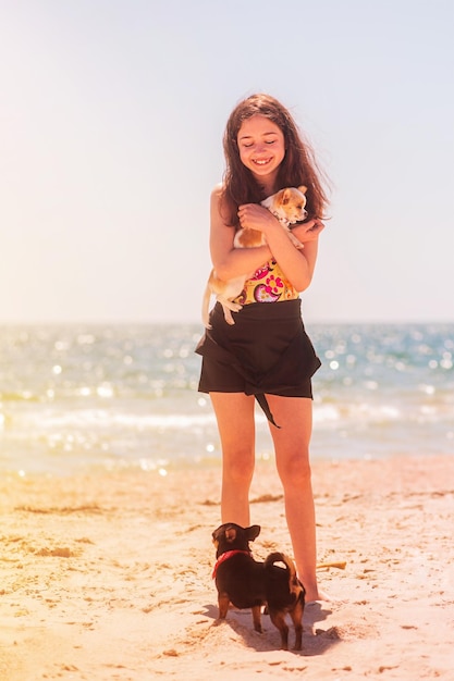 Tienermeisje aan zee met chihuahuahonden Het meisje is blij met haar favoriete honden