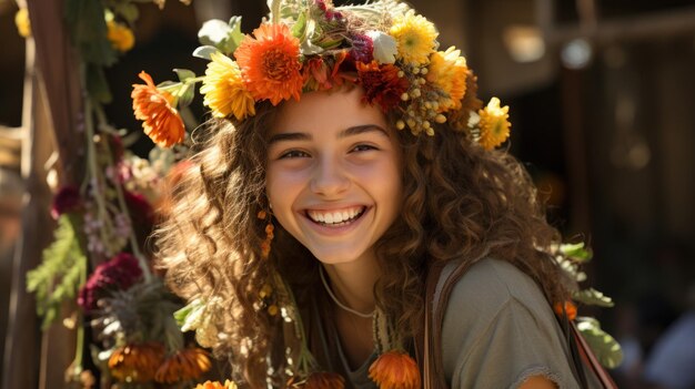 Tienermeisje in boho chic kleding met een bloemenkroon