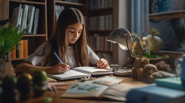 Tienermeisje maakt haar huiswerk in haar kamerGemaakt met generatieve AI-technologie