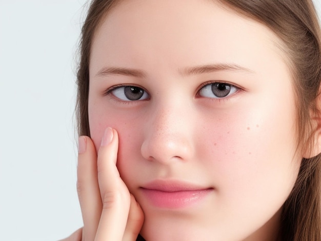 Tienermeisje met acne probleem op beige achtergrond close-up