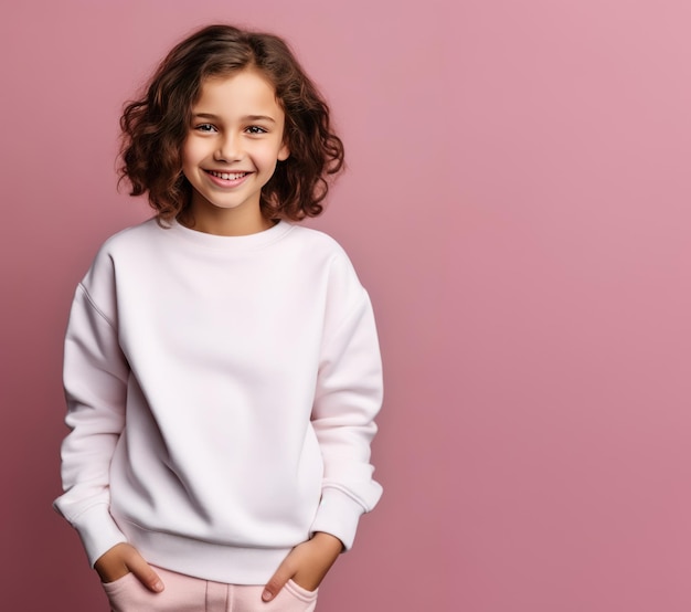 Tienermeisje met een blanke witte sweatshirt voor een roze muur mode meisjes kleding mockup