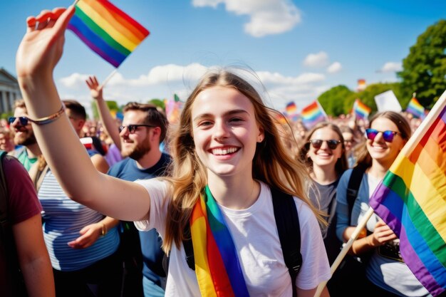 Tienermeisje met een heldere glimlach terwijl ze een grote regenboogvlag zwaait voor de menigte bij een gelijkschikkingsmars