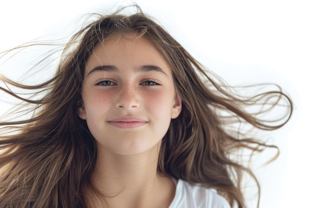 Tienermeisje met lang bruin haar en schone huid portret