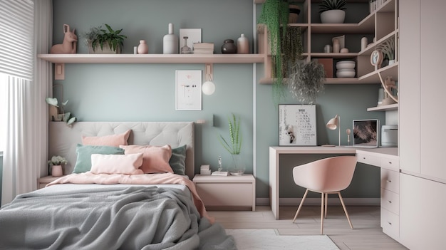 Tienermeisje slaapkamer slaapkamer modern interieur Leuke kamer in pastelkleuren bed met kussens bureau en stoel decor Hedendaagse huisruimte met meubels illustratie achtergrond Generatieve AI