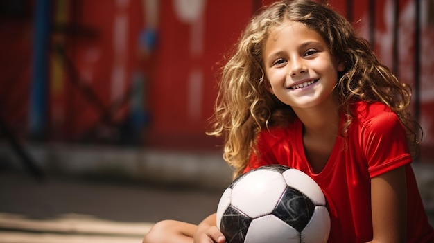 Foto tienermeisje speelt voetbal voetbalveld en portret met voetbal tieners jeugdvoetbal