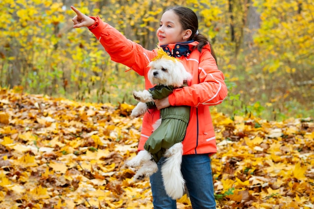 Tienermeisje staat op heuvel met gele esdoornbladeren houdt een wit hondje vast en laat haar iets zien