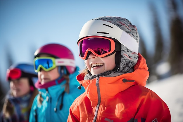 Foto tieners beleven wintersportactiviteiten in besneeuwde bergen