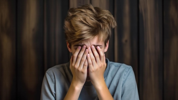 Tieners die hun gezicht met hun handen bedekken uit angst, wanhoop of weigering om te zien.