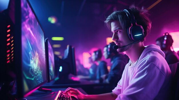 Tieners die koptelefoon dragen en online videogames spelen