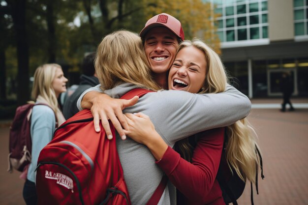 Foto tieners die naar de universiteit gaan, knuffelen hun ouders.