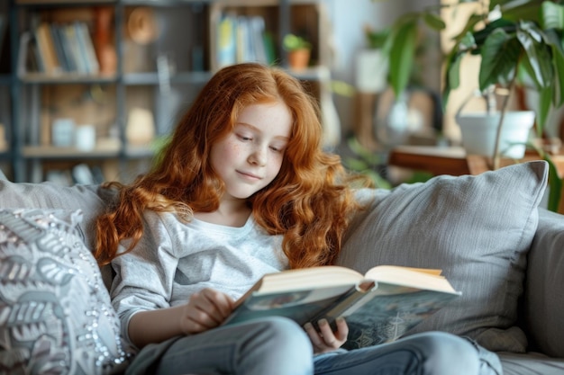 Tieners die thuis op de bank een boek lezen.