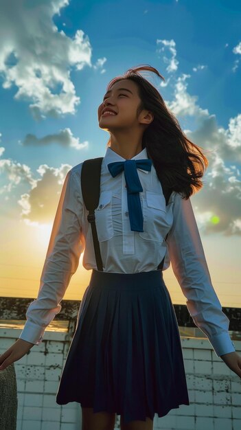 Tieners dragen Thaise studentenuniform met lange mouwen glimlach zien hemel en zon
