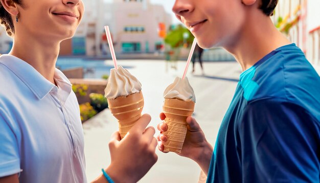 Tieners drinken milkshakes en ijs.