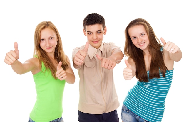 Tieners meisjes en een jongen tonen het super teken