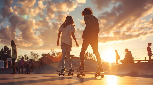 Foto tieners skateboarden bij zonsondergang in een stedelijk skatepark