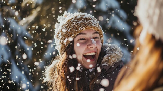 Foto tieners spelen sneeuwballen in het winterwoud close-up leuke winter wintervakanties vakanties