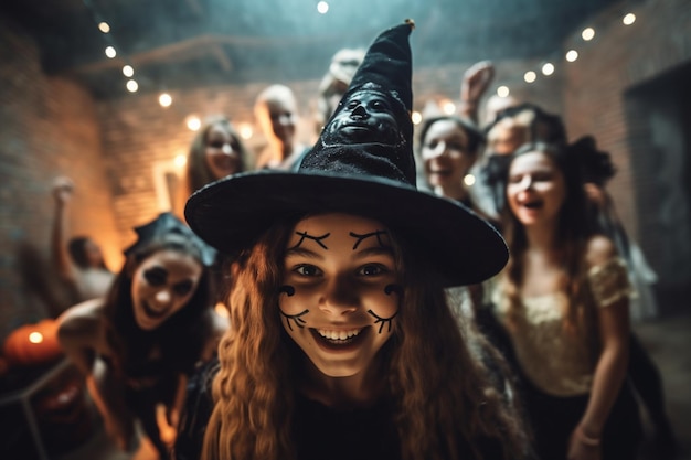 Tieners vrienden in kostuums vieren en plezier hebben op halloween-feest Mensen op halloween