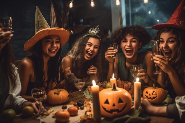 Tieners vrienden in kostuums vieren en plezier hebben op halloween-feest Mensen op halloween