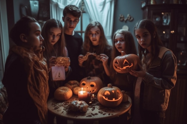 Tieners vrienden in kostuums vieren en plezier hebben op halloween-feest Mensen op halloween