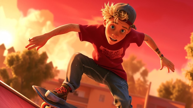 Foto tienersjongen met blond haar en blauwe ogen skateboarder voert een epische truc uit in het park en toont zijn indrukwekkende vaardigheden en onbevreesde stijl in een levendige pixaresque wereld