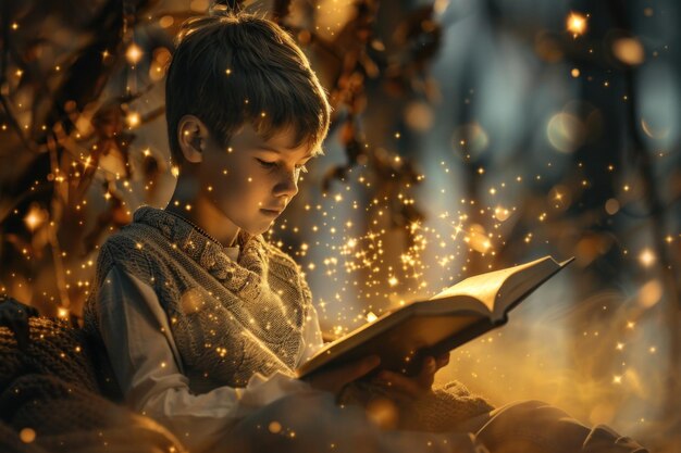 Tienjarige jongen verdiept in een boek met een gloeiende betoverende aura en sprankelende omgeving
