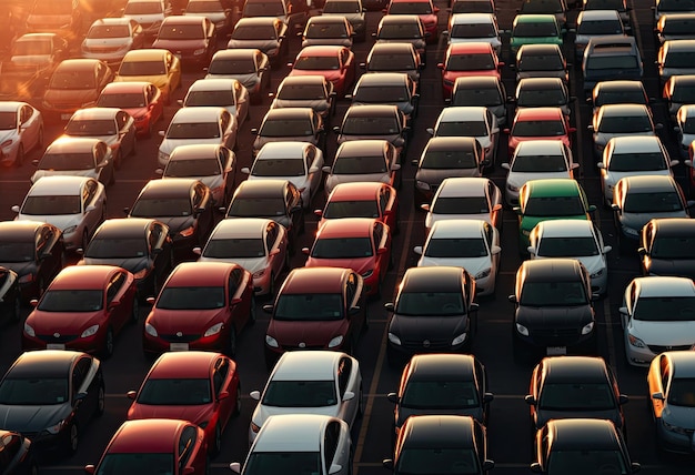 Tientallen auto's geparkeerd in een parkeerplaats.